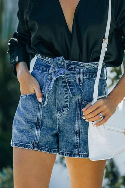 Casual Solid Pocket With Belt High Waist Denim Shorts