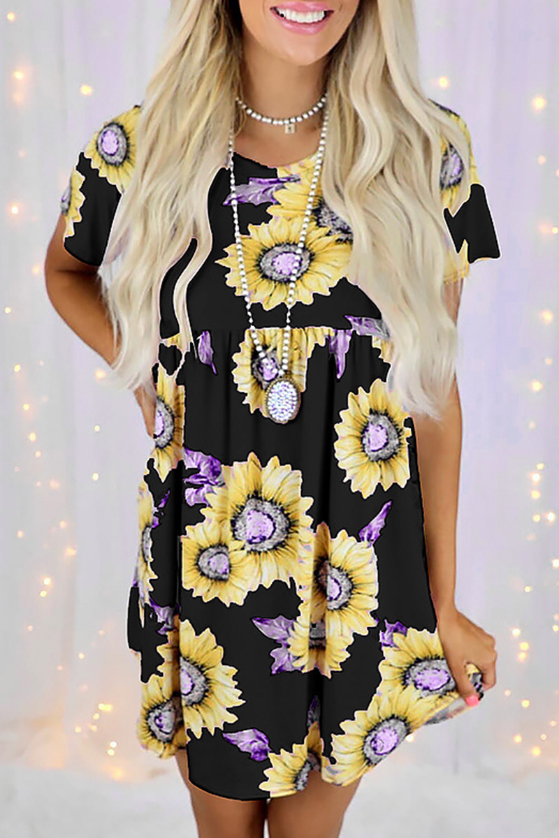 Casual Street Floral Split Joint O Neck Dresses