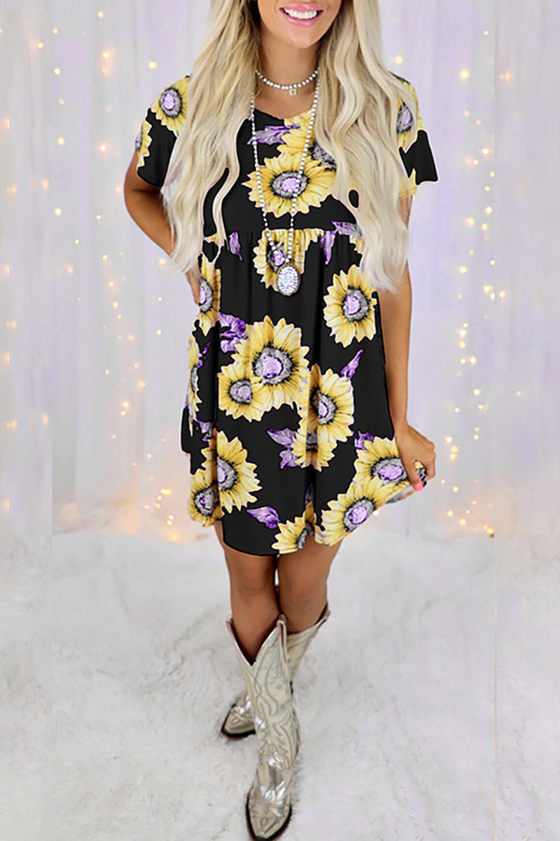 Casual Street Floral Split Joint O Neck Dresses