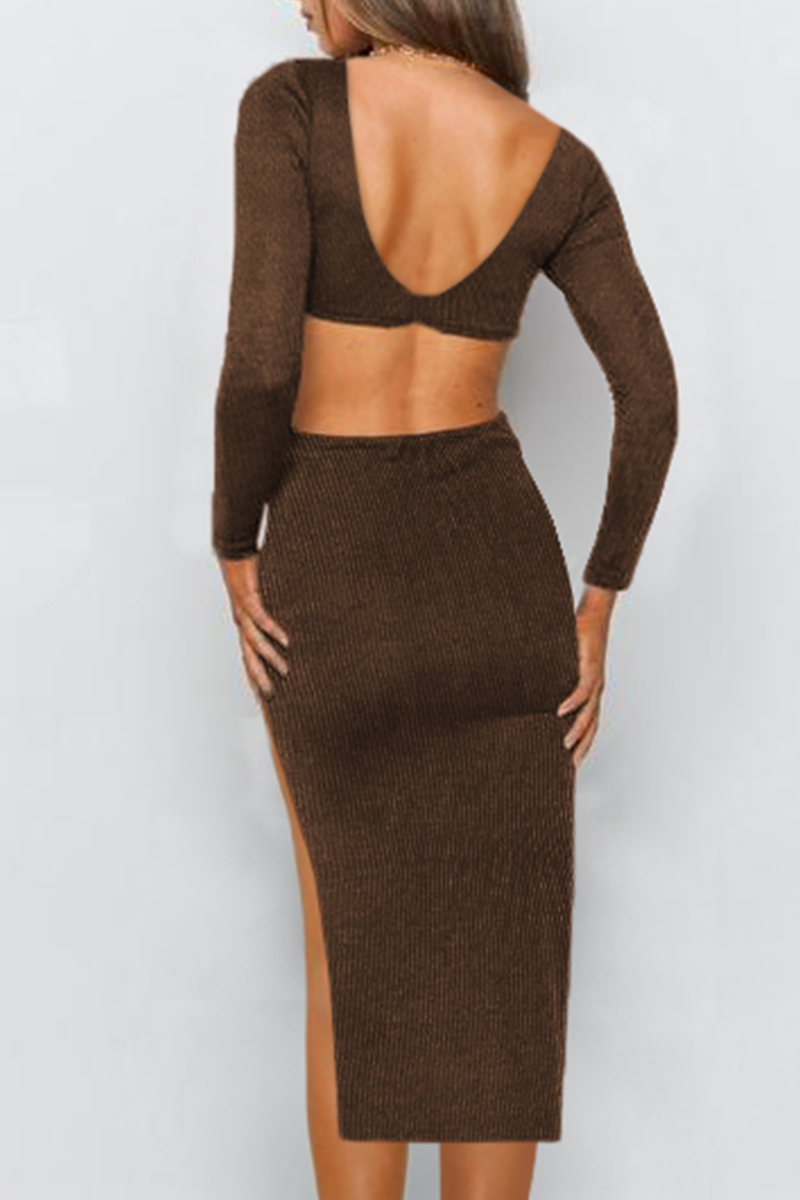 Elegant Solid Hollowed Out Backless Slit V Neck Pencil Skirt Dresses