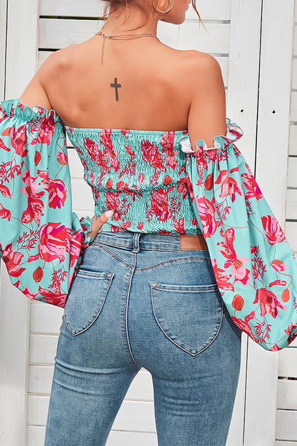 Elegant Floral Patchwork Off the Shoulder Tops