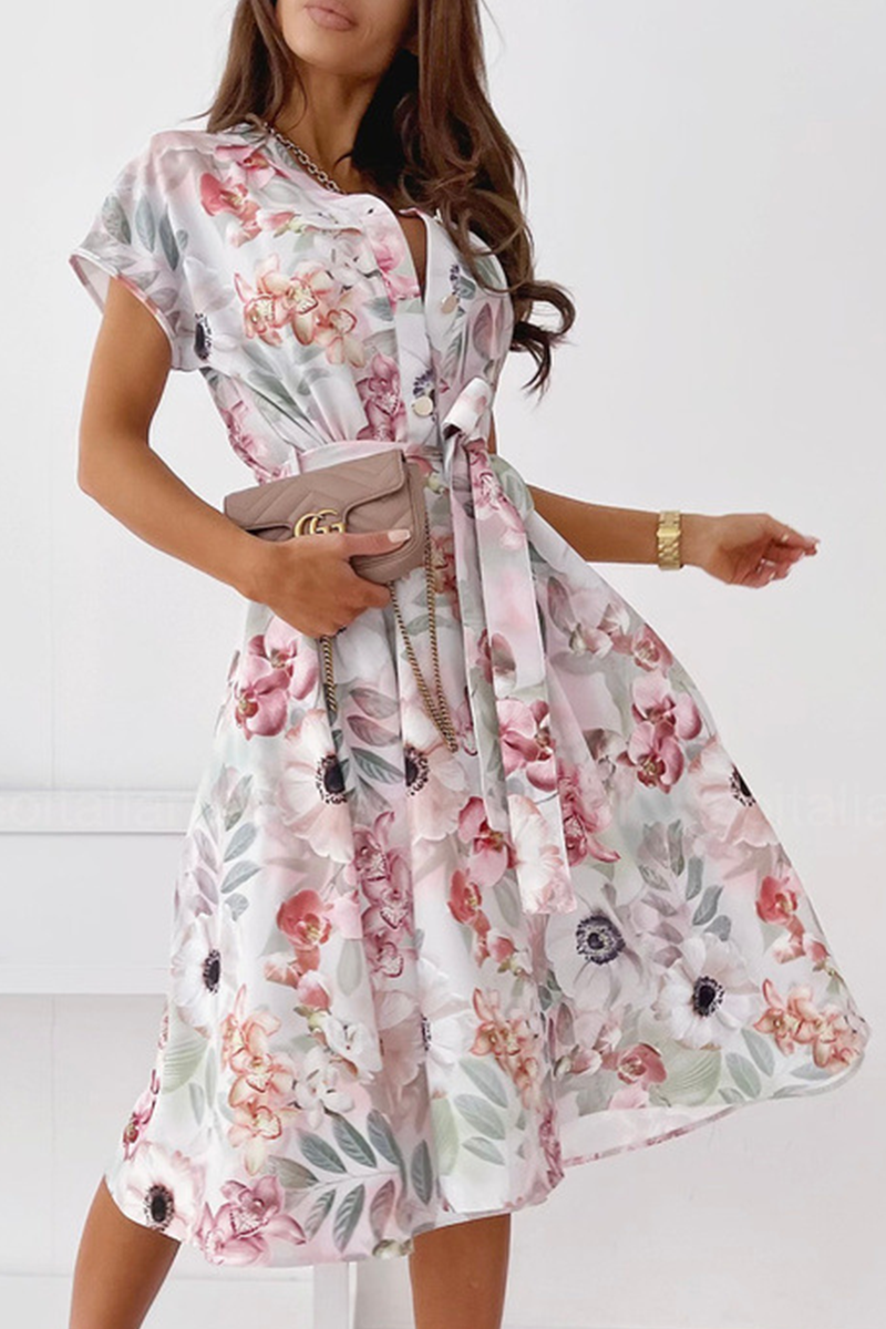 Elegant Print Buckle With Belt V Neck A Line Dresses(5 colors)