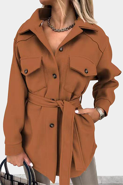 Casual Street Solid Buckle With Belt Turndown Collar Outerwear（8 Colors)）