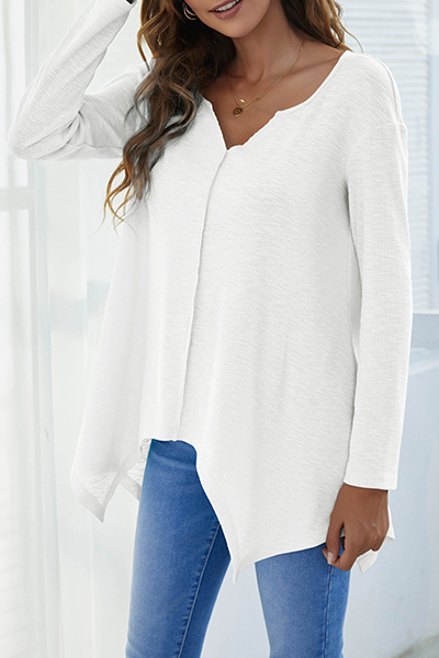 Casual Solid Split Joint Asymmetrical V Neck Tops