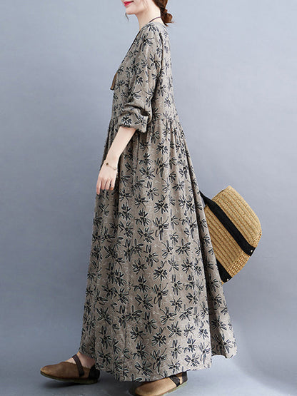 vmtvr - Artistic Retro Long Sleeves Loose Floral Printed Round-Neck Midi Dresses