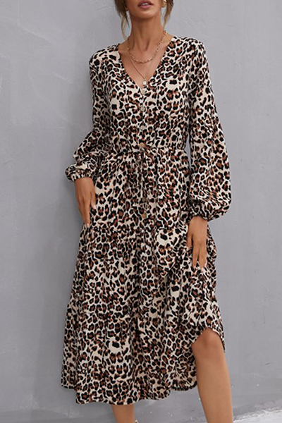 Elegant Leopard Frenulum Buckle A Line Dresses