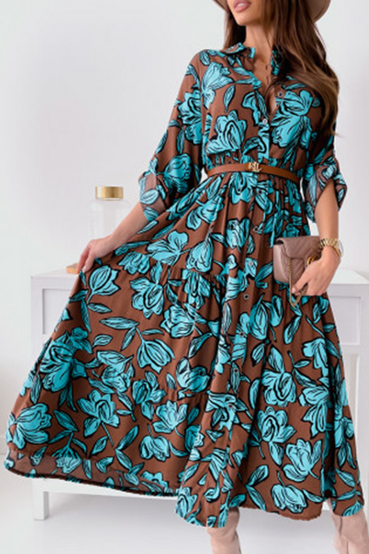 Elegant Floral Patchwork Buckle Turndown Collar A Line Dresses