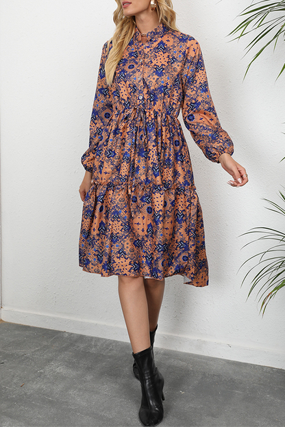 Elegant Print Buckle Stringy Selvedge Mandarin Collar A Line Dresses