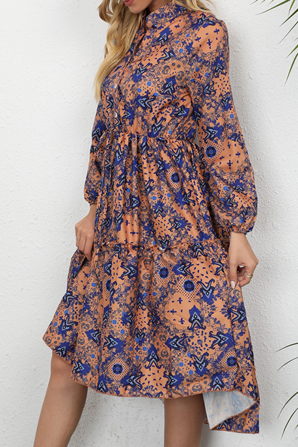 Elegant Print Buckle Stringy Selvedge Mandarin Collar A Line Dresses