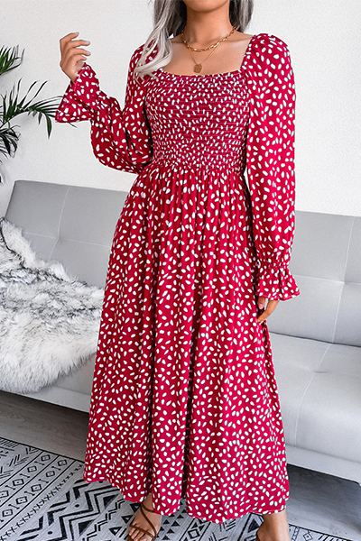 Elegant Print Flounce Fold Square Collar Dresses