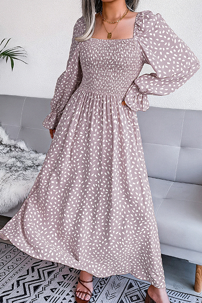 Elegant Print Flounce Fold Square Collar Dresses