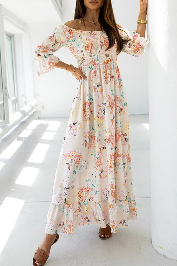 Elegant Floral Flounce Fold Off the Shoulder A Line Dresses(3 Colors)