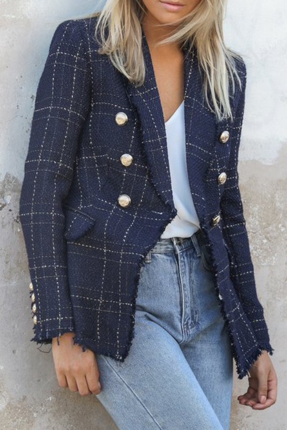 Casual Plaid Patchwork Buckle Turndown Collar Outerwear(4 colors)