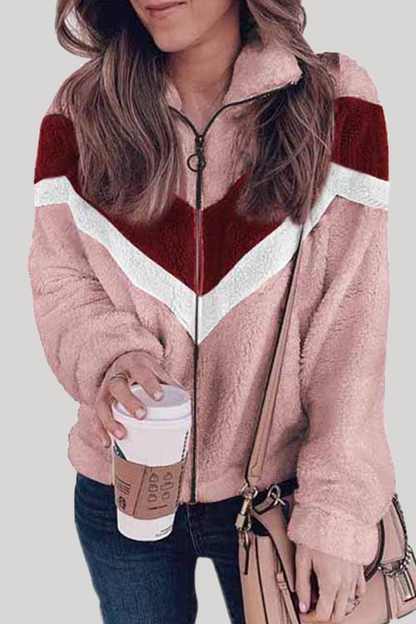 Casual Striped Split Joint  Contrast Zipper Collar Outerwear