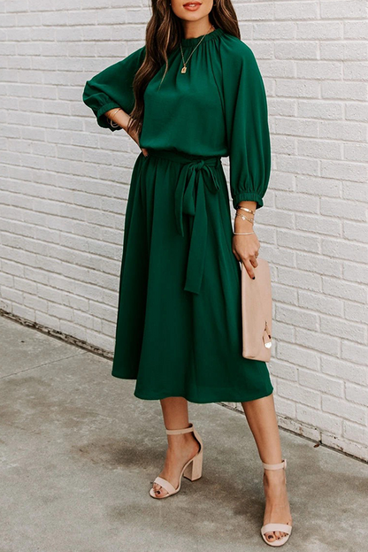 Casual Solid Split Joint With Belt O Neck Waist Skirt Dresses