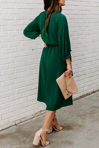 Casual Solid Split Joint With Belt O Neck Waist Skirt Dresses