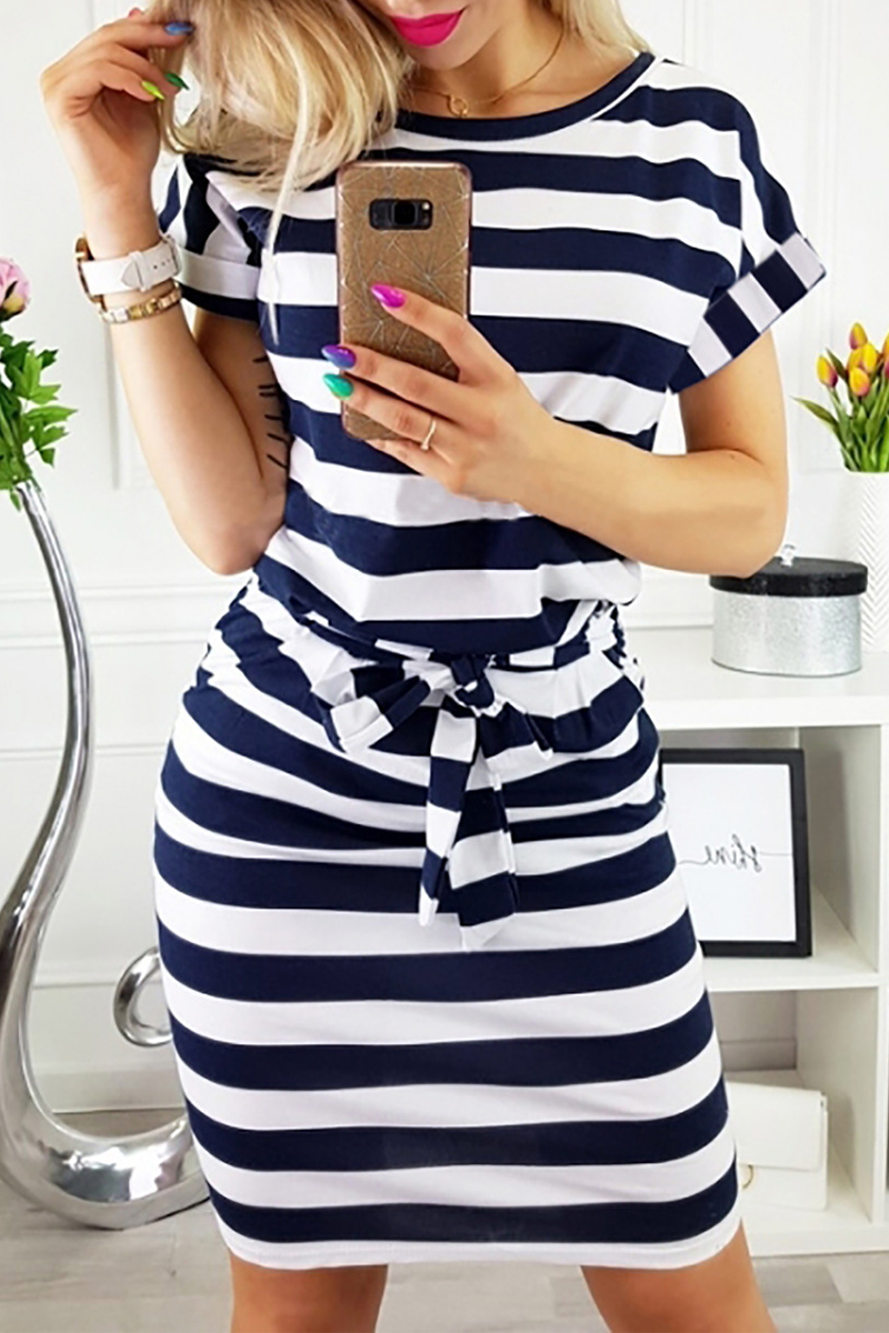 Casual Striped Split Joint O Neck Waist Skirt Dresses(5 colors)