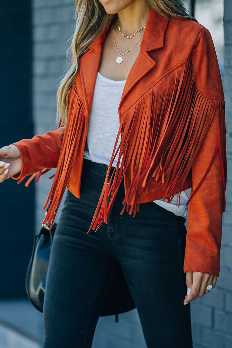 Casual Solid Tassel Turndown Collar Outerwear