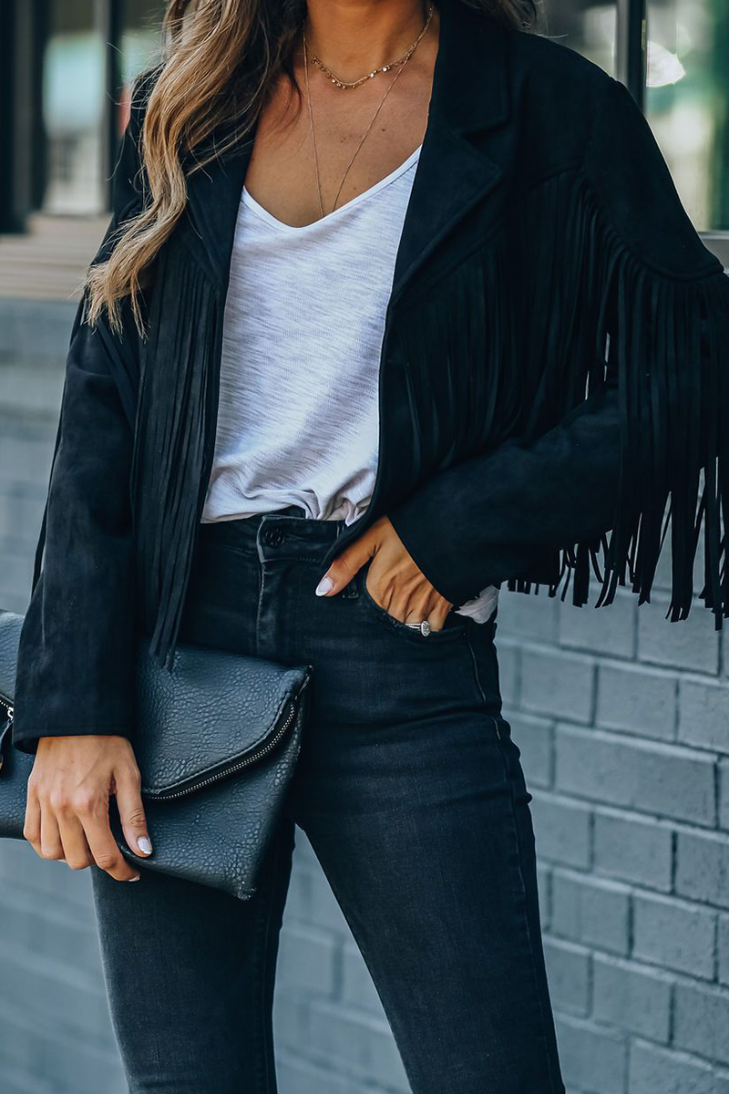 Casual Solid Tassel Turndown Collar Outerwear