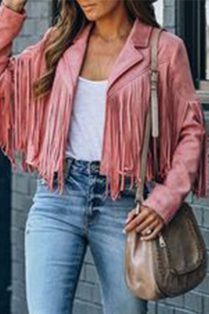 Casual Solid Tassel Turndown Collar Outerwear