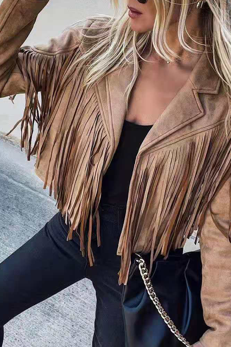 Casual Solid Tassel Turndown Collar Outerwear