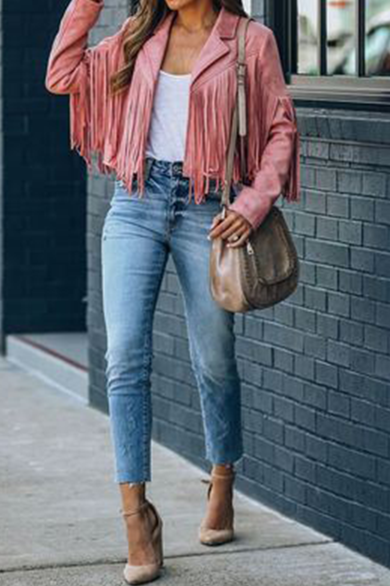 Casual Solid Tassel Turndown Collar Outerwear