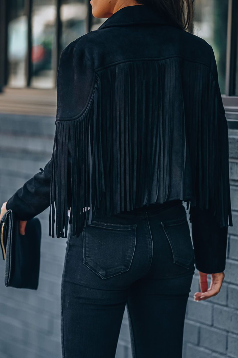 Casual Solid Tassel Turndown Collar Outerwear