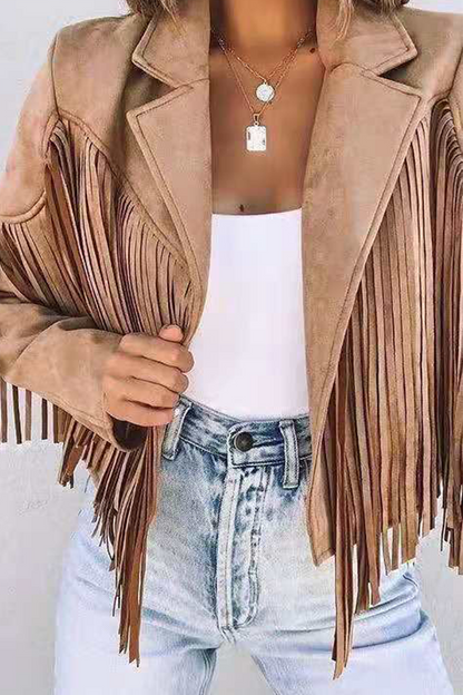 Casual Solid Tassel Turndown Collar Outerwear