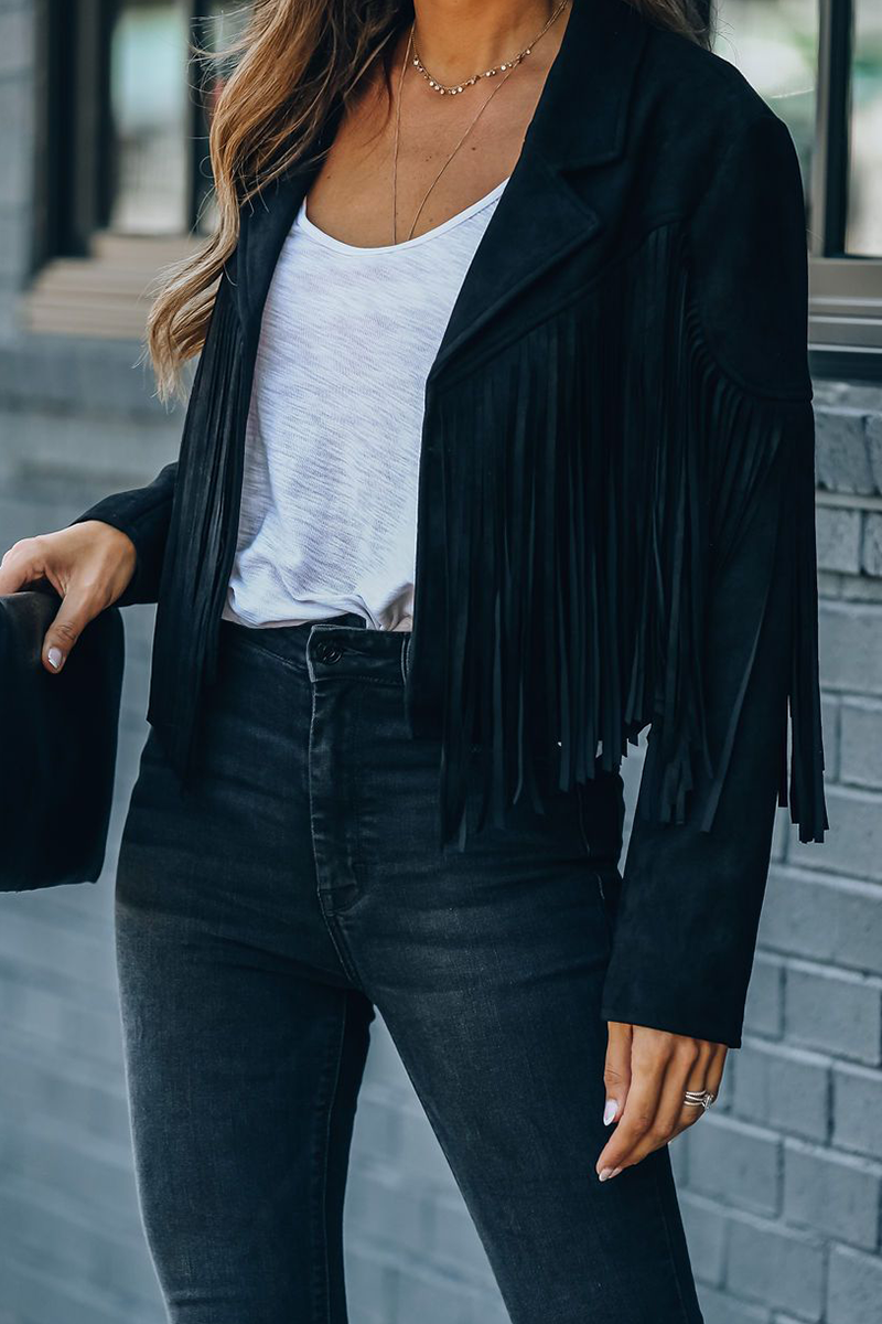 Casual Solid Tassel Turndown Collar Outerwear