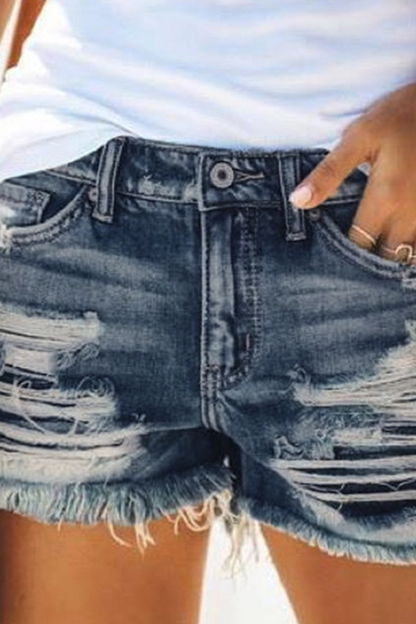 Casual Solid Ripped Mid Waist Straight Denim Shorts