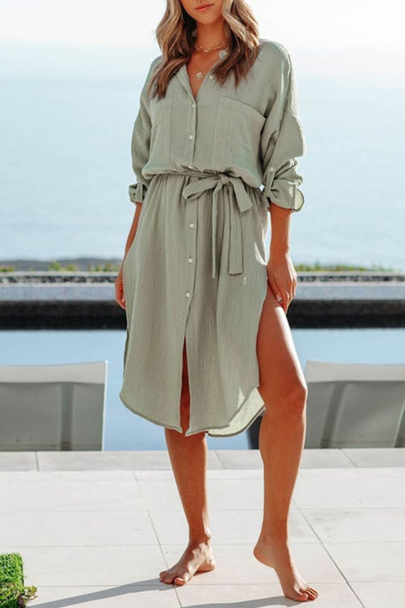 Casual Solid Split Joint Turndown Collar Shirt Dress Dresses