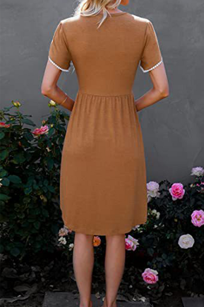 Casual Solid Split Joint O Neck Waist Skirt Dresses(5 colors)