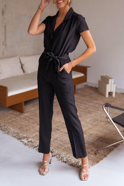 Casual Solid Patchwork Turndown Collar Regular Jumpsuits