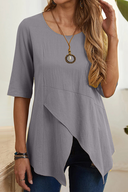 Casual Solid Slit O Neck T-Shirts