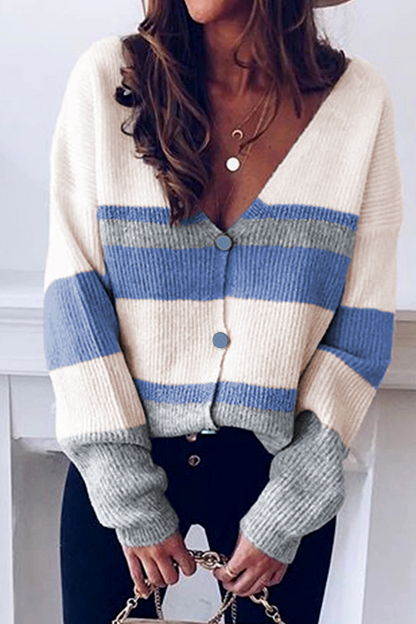 Casual Striped Patchwork V Neck Cardigans(4 Colors)