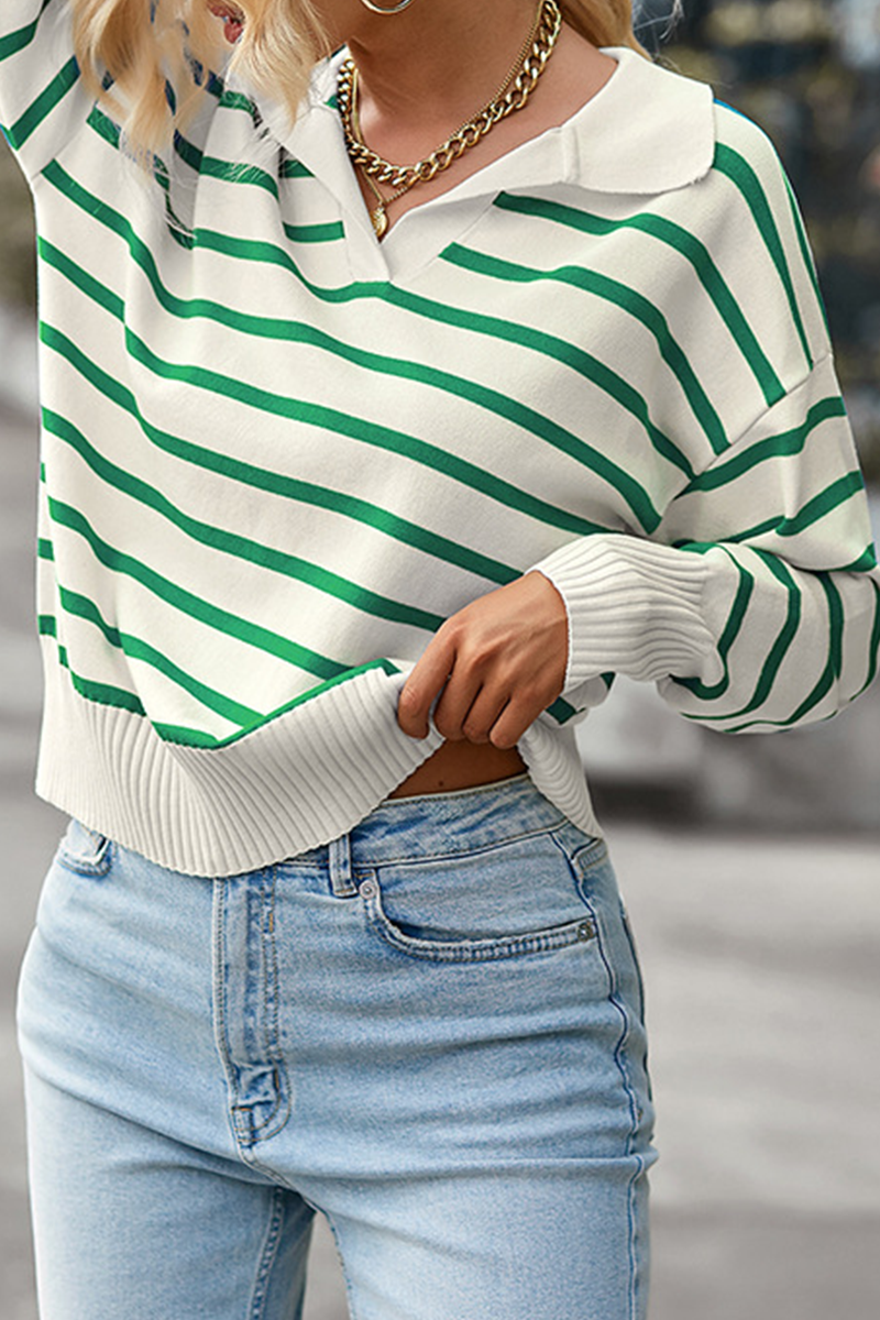 Casual Striped Patchwork Turndown Collar Tops