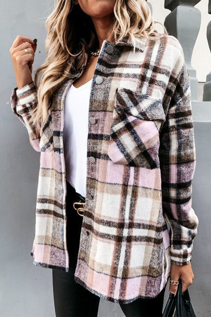 Elegant Plaid Printing Turndown Collar Tops