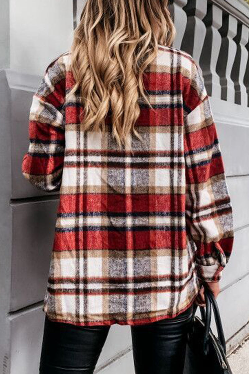 Elegant Plaid Printing Turndown Collar Tops