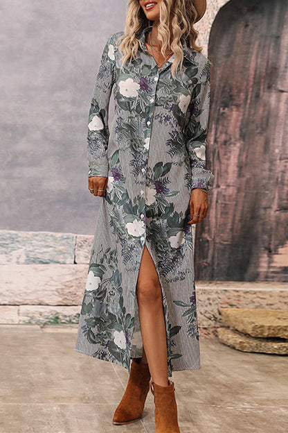 Elegant Print Contrast Turndown Collar Shirt Dress Dresses