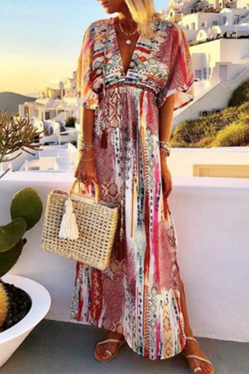 Casual Vacation Frenulum Printing V Neck Printed Dress Dresses