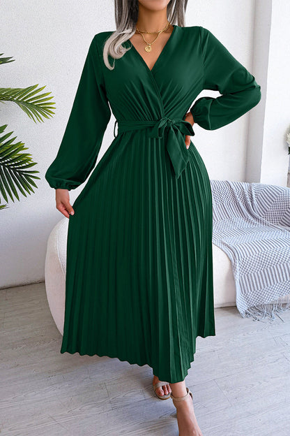 Elegant Solid Frenulum Fold V Neck Pleated Dresses(5 Colors)