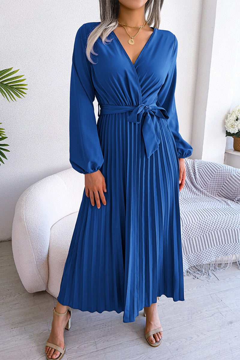 Elegant Solid Frenulum Fold V Neck Pleated Dresses(5 Colors)