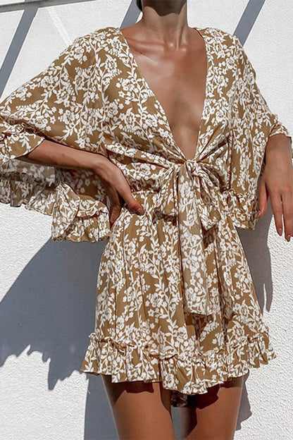 Elegant Print Frenulum V Neck Loose Jumpsuits