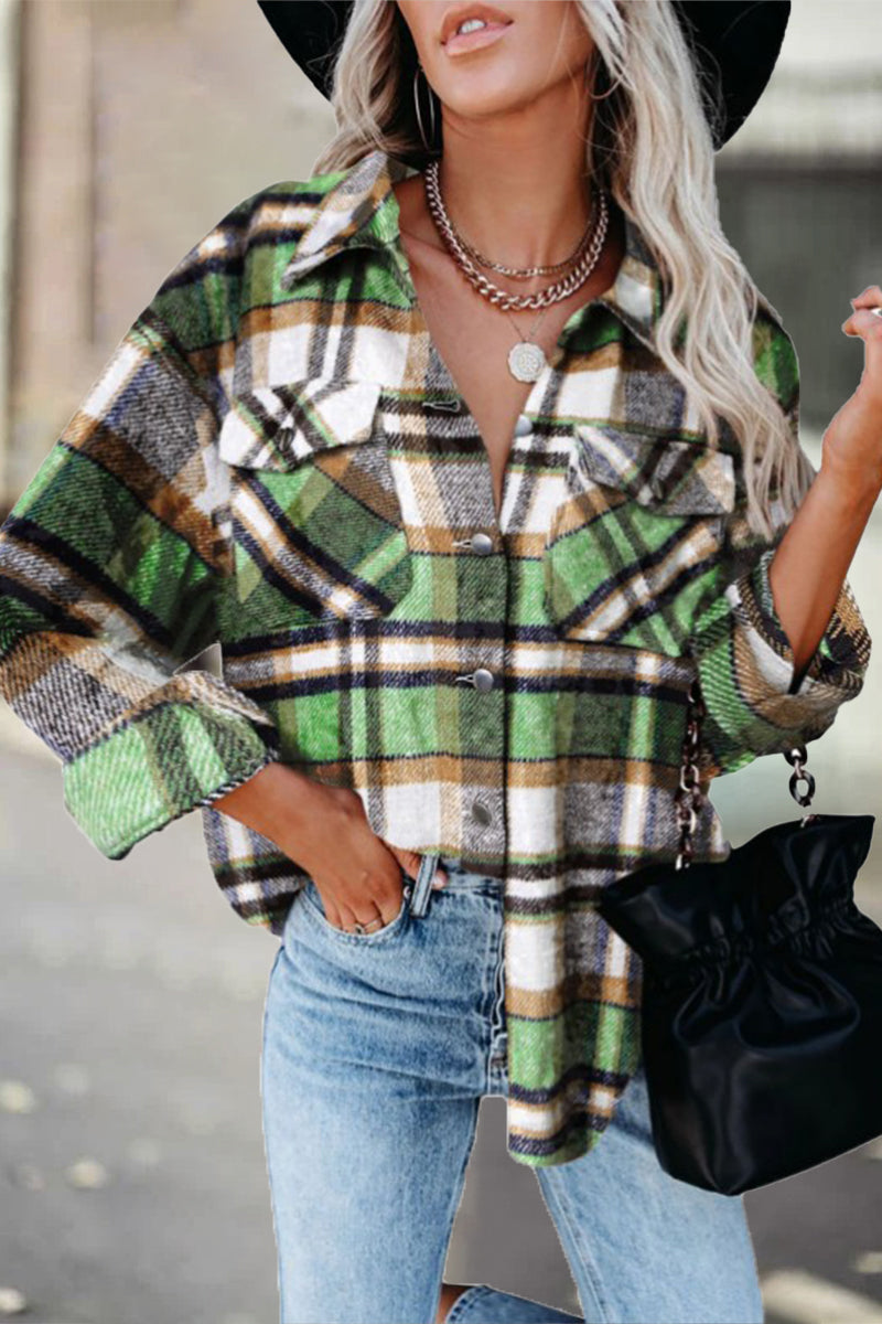 Elegant Plaid Printing Turndown Collar Tops