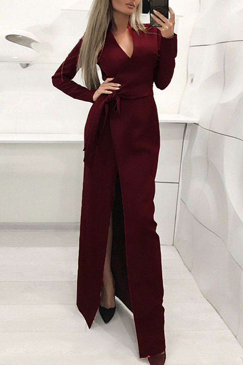 Elegant Solid Frenulum Solid Color V Neck Dresses