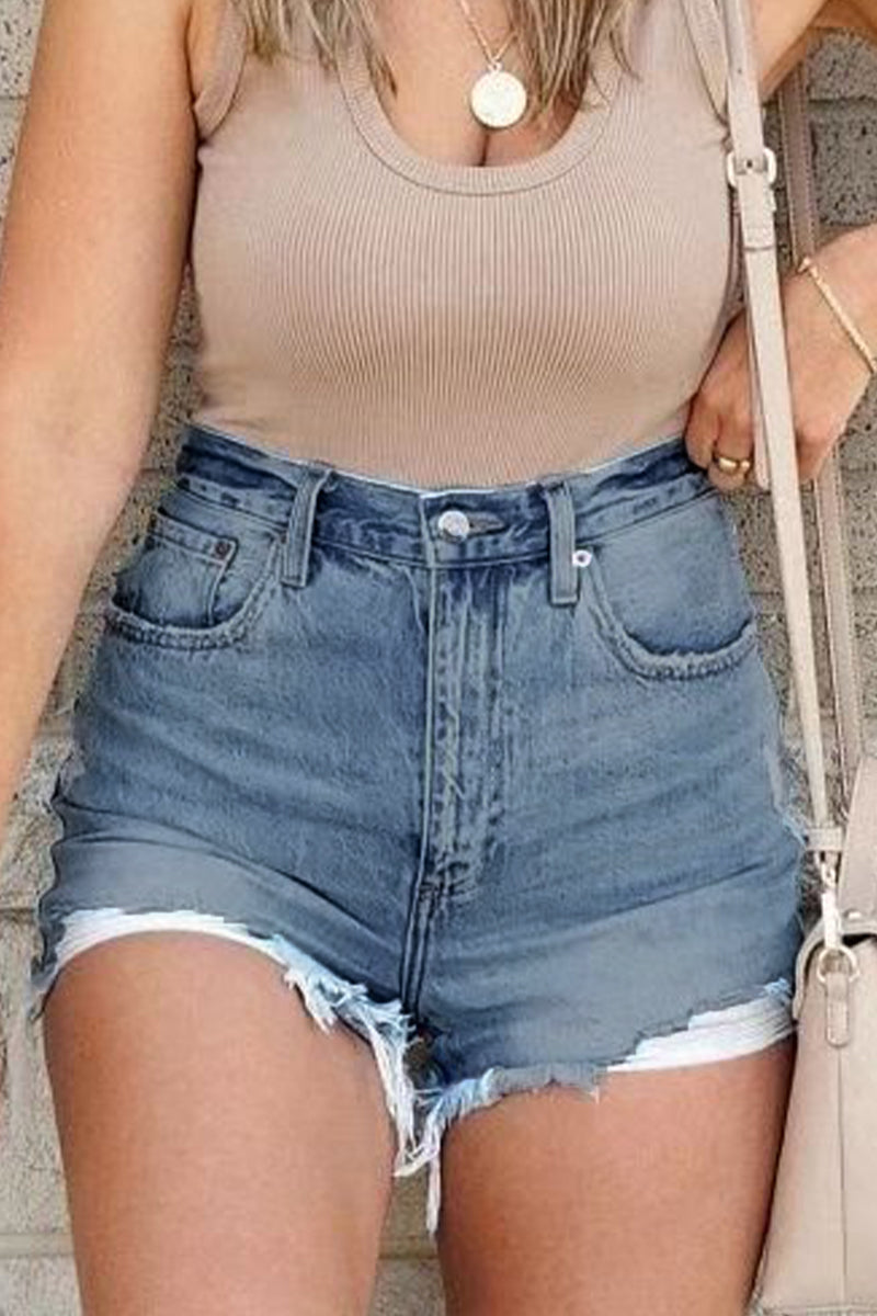 Casual Street Solid Ripped High Waist Denim Shorts