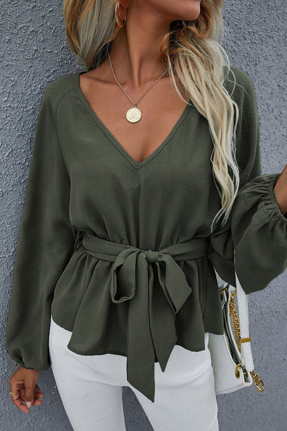 Casual Work Solid With Belt V Neck Tops