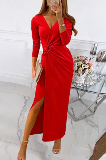 Elegant Solid Slit Fold V Neck Evening Dress Dresses(4 Colors)