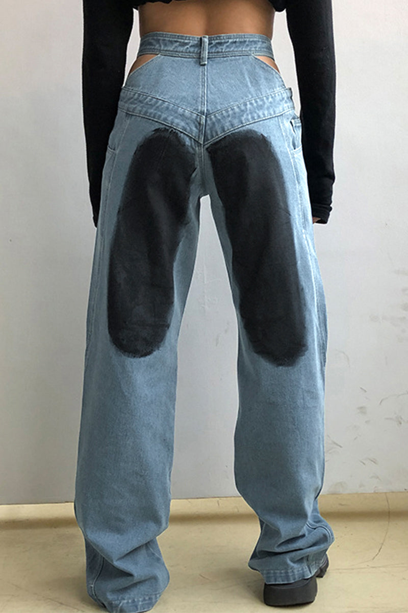 Casual Street Print Patchwork Zipper High Waist Straight Denim Jeans