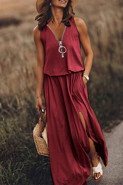 Casual Solid Slit Zipper V Neck Vest Dress Dresses(3 Colors)